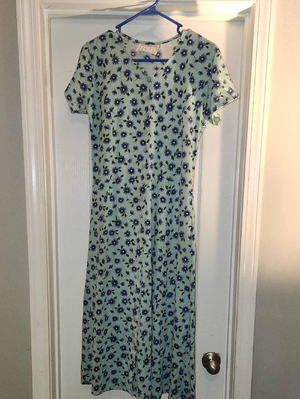 VTG 90s Erika Studio Petite Medium Teal Blue Floral Midi Tea Dress Cottagecore